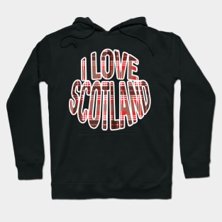 I LOVE SCOTLAND Red, Black and White Tartan Colour Typography Design Hoodie